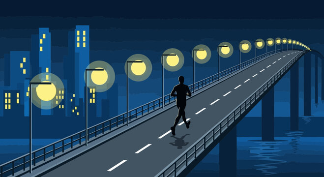 Midnight Marathon Runner on Illuminated City Bridge