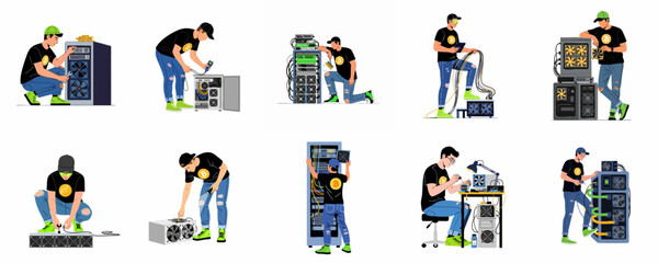 Fototapeta premium Set of illustrations featuring male technicians in Bitcoin t-shirts maintaining and repairing cryptocurrency mining hardware rigs and server farm equipment.