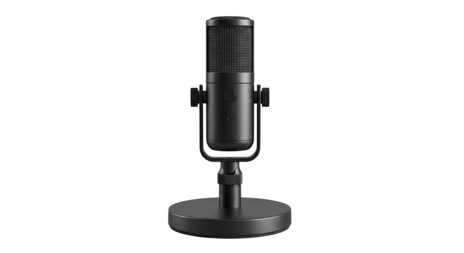 Professional black condenser microphone on desk stand, studio recording mic for podcasting and streaming, sleek matte audio equipment for voiceover isolated PNG with Transparent Background