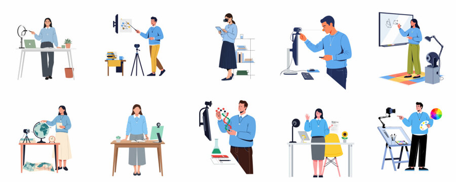 Collection of diverse teachers and educators conducting online classes, remote lectures, and digital tutorials using various technologies and educational tools.