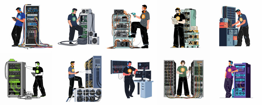 Set of illustrations depicting technicians and engineers maintaining bitcoin mining rigs and server racks in a modern data center environment.