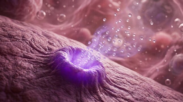 Detailed macro visualization of biological cell exocytosis emitting transparent vesicles