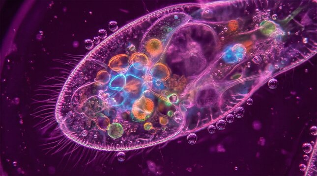 Vibrant neon microscopic organism showing internal organelles floating in purple fluid
