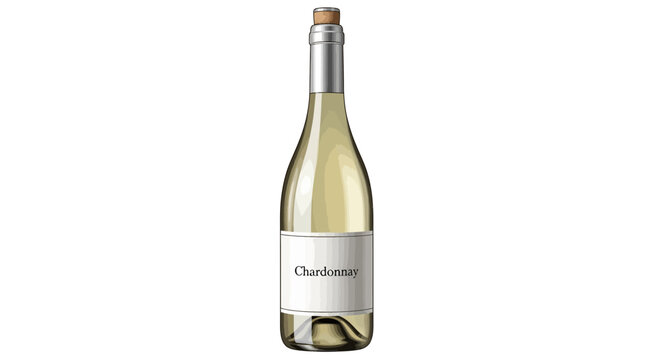 White wine bottle with blank label and cork, isolated on white background