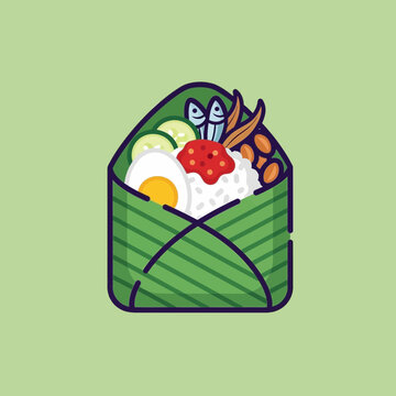 Cartoon nasi lemak in banana leaf.