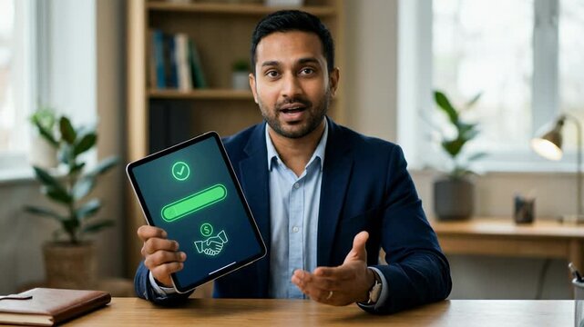 Medium shot of financial advisor smiling as tablet confirms instant loan preapproval through linked bank accounts the device in sharp focus against an outoffocus private workspace.