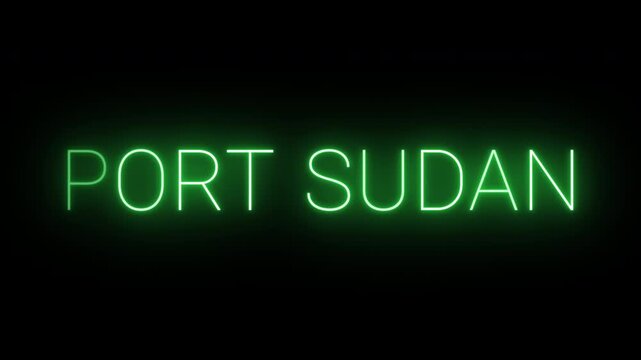 Flickering neon green glowing port sudan sign animated on black background.