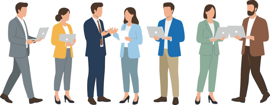Diverse business professionals walking and talking with laptops for modern office teamwork corporate collaboration and creative startup workflow flat vector illustration