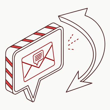 Isometric mail delivery message bubble icon with red striped edges and return arrow showing digital communication concepts for email marketing tools