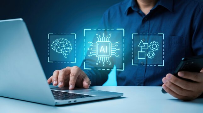 artificial intelligence ai technology machine learning digital transformation futuristic innovation cloud computing data science showing a businessman using smart tech devices.