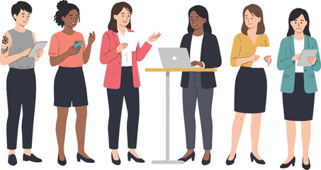Obraz premium Diverse group of professional women and female entrepreneurs using laptops and tablets for modern office teamwork corporate leadership and creative startup flat vector