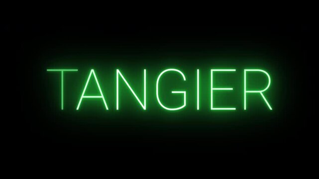 Flickering neon green glowing tangier sign animated on black background.
