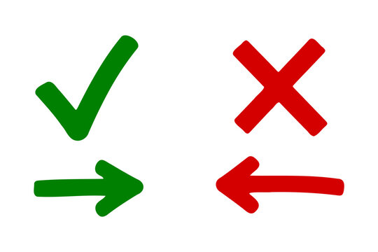 Green check and red X signs, plus green right arrow and red left arrow icons.
