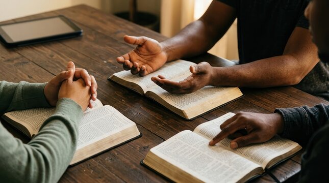 Bible study prayer Christian hands group faith people gathering around a wooden table for scripture reading and religious fellowship in a diverse church small group session.