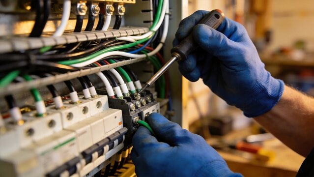 Electrician working on circuit breaker
