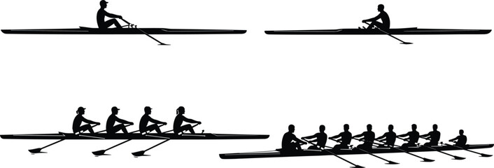 Rowing team silhouette sequence showing single scull and crew boat athletes paddling in sync on water, isolated on white background, teamwork and endurance concept © Shahariar's World