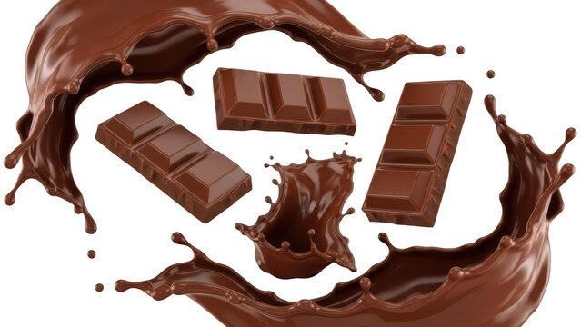 Delicious chocolate splash with candy bars, on, isolated