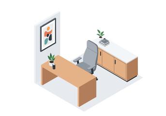 Obraz premium Modern Office Interior Design with Desk, Chair, and Storage Cabinet