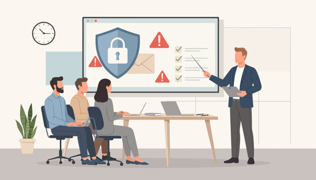 Corporate employees sitting at a desk with laptops during a cybersecurity seminar while a male instructor points to a presentation showing phishing alerts and data security icons.