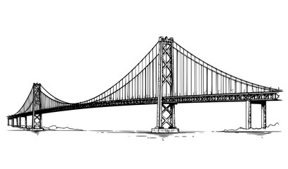 Fototapeta premium Suspension Bridge Black White Landscape Sketch Vector Illustration Hand Drawn Architecture Line Art Design
