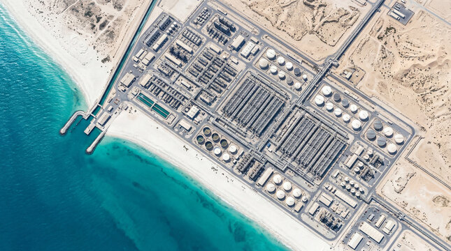 Modern Seawater Desalination Facility in Gulf Country
Coastal Industrial Complex Drone Perspective