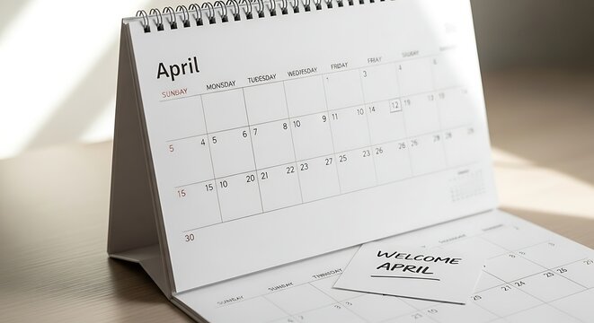 April monthly planner with blank calendar pages on wooden desk for scheduling and organization