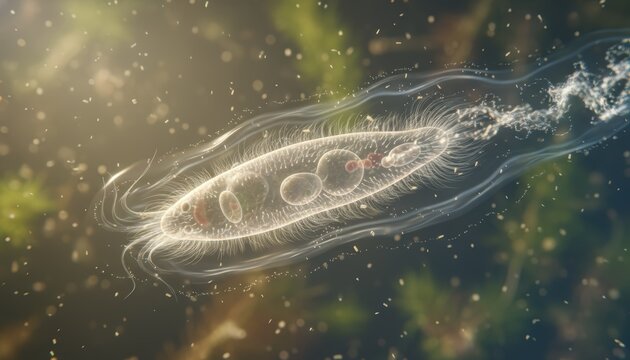 Paramecium Microorganism 3D Render Swimming In Fluid With Cilia And Glowing Cellular Structures
