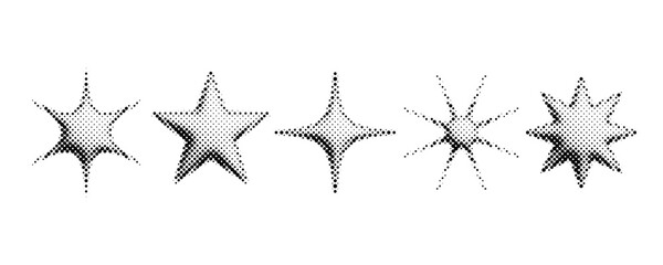 Halftone grunge stars set. 3d dotted grain star shape collection. Pixelated comic burst and sparkle for poster, banner, flyer, collage, sticker. 8 bit bitmap element bundle. Vector graphic design pack