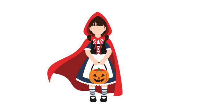 Little red riding hood character holding a jack o lantern pumpkin basket for trick or treating isolated on a plain white background.