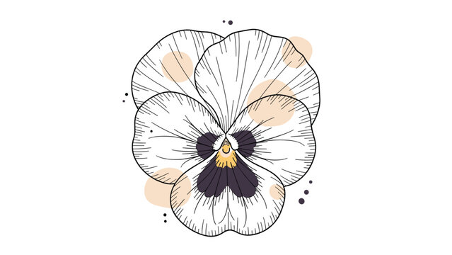 Artistic hand-drawn pansy flower illustration with delicate line work and pastel peach dots in the background for a modern feel.