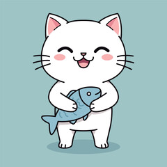 Fototapeta premium Happy Kawaii Cat Holding Fish Clipart