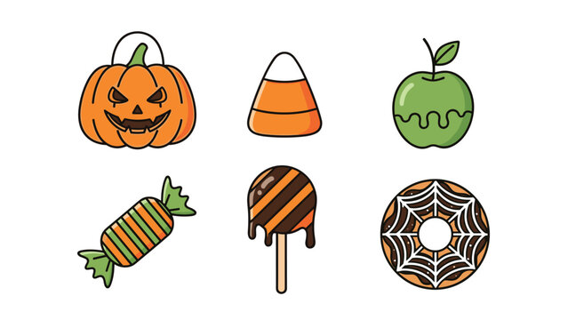 Collection of Halloween-themed treats including a jack-o-lantern pumpkin, candy corn, a green apple, and various candies on a white background.