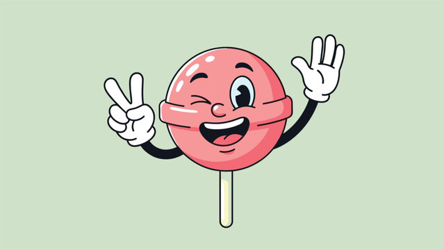 Fun cartoon lollipop character with a happy face winking and showing a peace sign on a soft green background for celebration and joy.