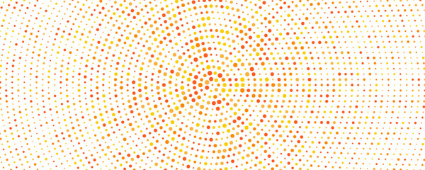 Obraz premium Orange radial pattern background. Abstract spring dotted concentric circles wallpaper. Circular halftone dots comic texture backdrop. Vector spring cartoon pop art overlay for poster, banner