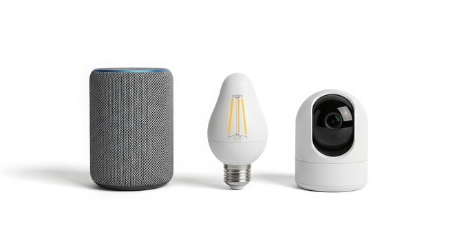 A smart home setup with a speaker, light bulb, and security camera