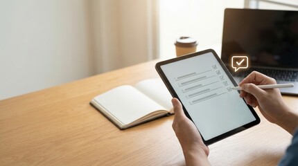 A user uses a stylus to check off a digital list on a tablet, accompanied by a glowing success icon.