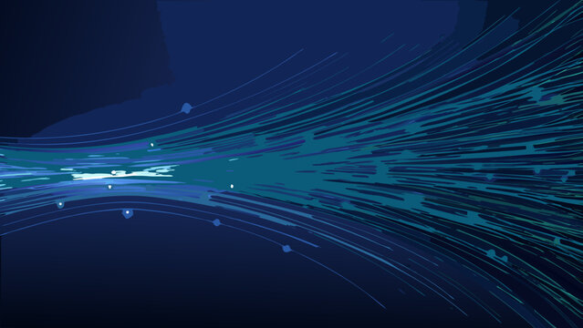 Abstract explosion of blue and teal light streaks against a dark background