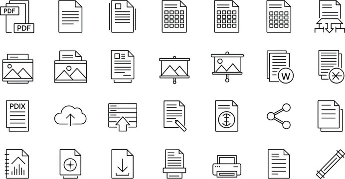 Document and File Format Line Icon Set Featuring PDF DOC XLS Image Presentation Upload Download Print and Share Symbols for Web UI Design