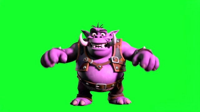 A muscular 3D animated purple orc character wearing leather armor performing an energetic dance. This fantasy creature is isolated on a green screen, ideal for gaming and storytelling projects.