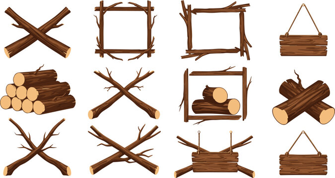 Rustic Wooden Frames and Log Elements Vector Set Featuring Branch Borders Crossed Sticks Timber Bundles and Hanging Wooden Signs for Nature Design