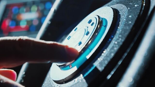 Close-up of a human finger pressing a sleek, modern control button on an electronic dashboard with blurred colorful display in the background