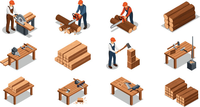Isometric Woodworking Workshop Vector Set with Carpenter Cutting Logs Using Chainsaw Sawing Planks Hammering Timber and Carpentry Workbench Scenes