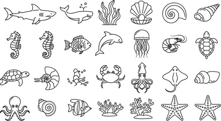 Large collection of sea creature line art icons featuring shark whale dolphin seahorse turtle octopus and coral reef elements for marine biology education and coastal lifestyle designs © MdGohurul