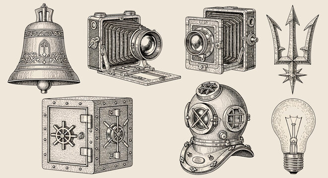 Set of vintage objects bell, old camera, trident, safe, diving helmet and light bulb hand drawn vector illustration in engraving style