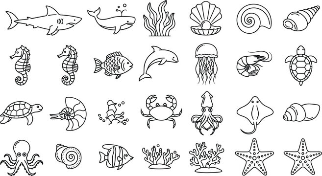Large collection of sea creature line art icons featuring shark whale dolphin seahorse turtle octopus and coral reef elements for marine biology education and coastal lifestyle designs