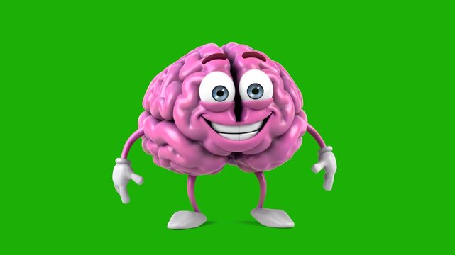 A friendly and smart 3D animated brain character with big eyes, white gloves, and a wide smile. Isolated on a green screen for educational videos, healthcare apps, or psychological content.