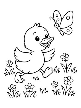 Playful Duckling and Butterfly: A cheerful duckling, full of life and joy, chases after a fluttering butterfly, amidst a field of delicate flowers. This scene captures the simple happiness of nature.