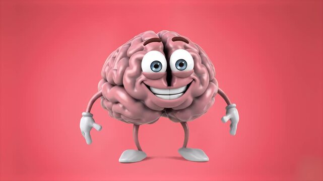 A cheerful 3D anatomical human brain character with a big smile performing a joyful dance. High-quality 3D render set against a vibrant red background, suitable for educational, medical, or mental hea