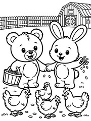 Obraz premium Friendship and Farming: A heartwarming scene unfolds as a teddy bear and a rabbit share a friendly moment in a pastoral setting. surrounded by the charming company of chickens.