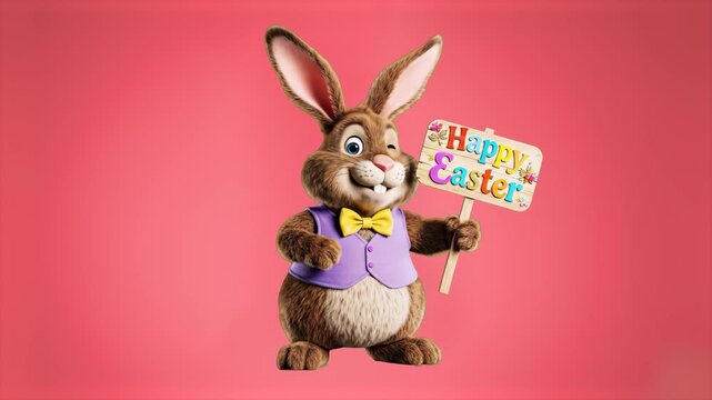 A dapper 3D animated Easter bunny wearing a purple vest and yellow bow tie, dancing while holding a "Happy Easter" sign. Isolated on a soft red background, this high-quality character adds a fun, fest